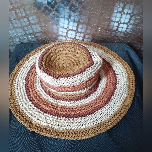 Zara Raffia Straw Striped Tan and Brown Floppy Sun Hat - Picture 3 of 14